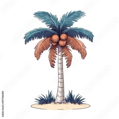 Vibrant palm tree with coconuts and lush leaves, ideal for tropical themes. photo