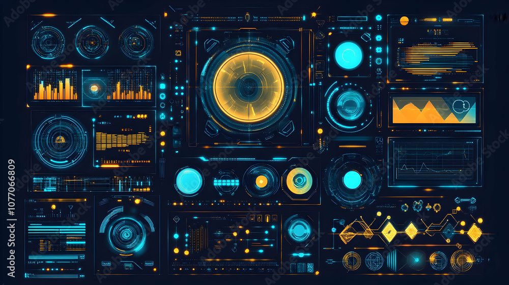 Fototapeta premium Futuristic HUD elements set with blue and orange colors on a dark background.