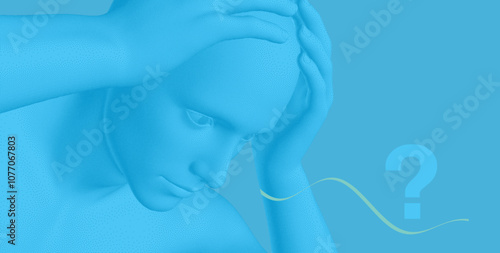 Time to think. A man in shock tries to decide the question, his hands around his head. The concept of being puzzled, confused or shocked by something. Searching for an answer. 3D vector for design. 