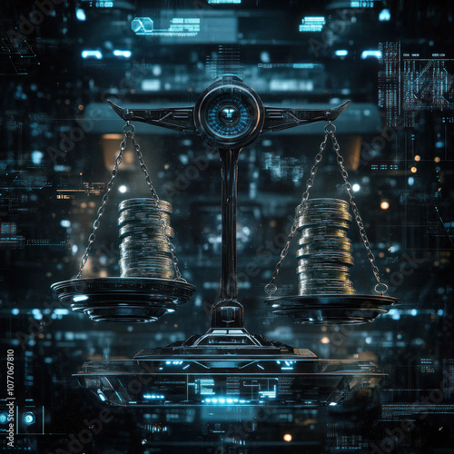 Artistic scales with coins in futuristic digital theme photo