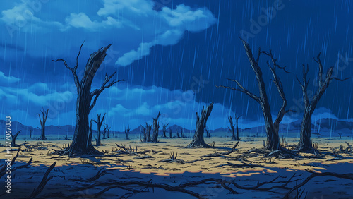 A view of a forest of dead trees. Illustrations that look like a scene from an anime or game. Blue sky, sun, clouds, sunset, night, fog, snow, rain, autumn, cherry blossoms, etc. photo