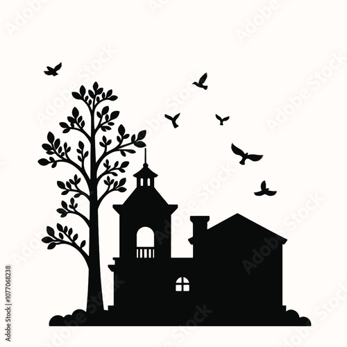 A silhouette of a classical building with layered rooftops, next to a tall tree with sprawling branches and leaves, with several birds flying nearby