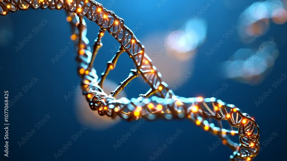 The depiction shows a detailed close-up of a DNA double helix ...