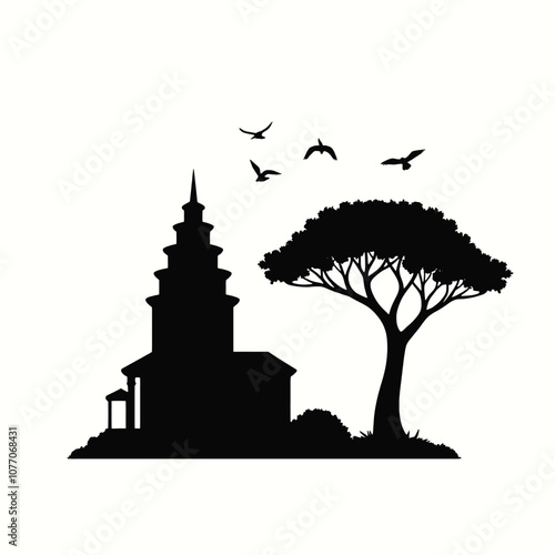 A silhouette of a classical building with layered rooftops, next to a tall tree with sprawling branches and leaves, with several birds flying nearby