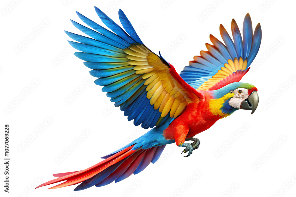 Fototapeta premium Scarlet Macaw in Flight with Vibrant Wings Spread Wide, Colorful macaw parrot, vibrant feathers isolated on white background