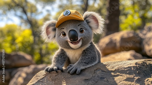 A cute cartoon koala wearing a yellow hat and smiling, sitting on a rock in a forest. photo