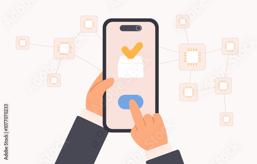 Decentralized application development, data system integration. Hands of businessman holding mobile phone, fingers touch button of software on screen to use network service cartoon vector illustration