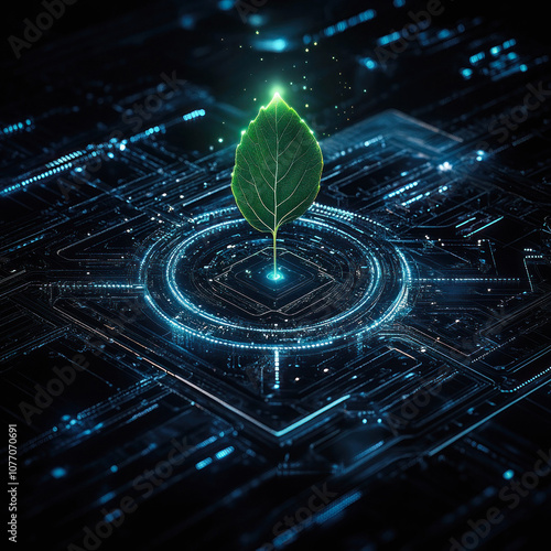 Advanced circuitry centered around a growing green leaf photo