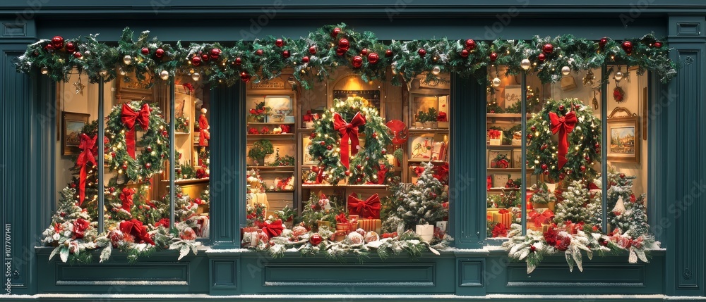 Fototapeta premium A festive store window adorned with vibrant Christmas decorations, featuring twinkling lights and colorful ornaments.