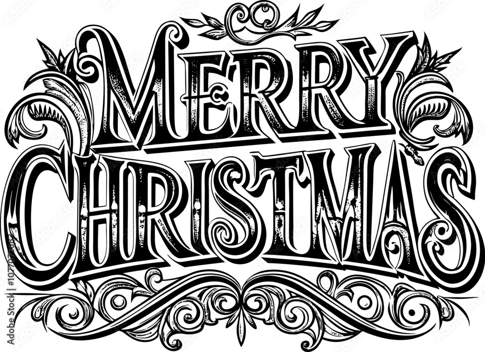 Fototapeta premium Merry Christmas vintage lettering in retro engraving style. Vintage Xmas greeting, for winter holiday cards