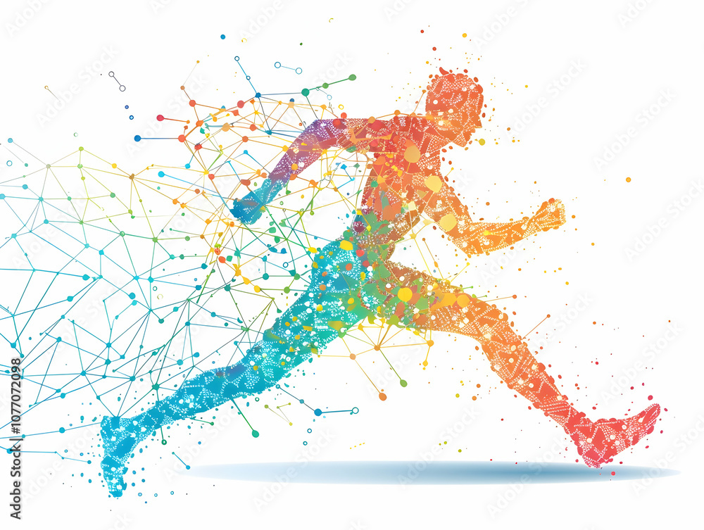 Fototapeta premium Abstract low-poly running athlete, vector illustration of a human silhouette in motion made from lines and dots on a white background