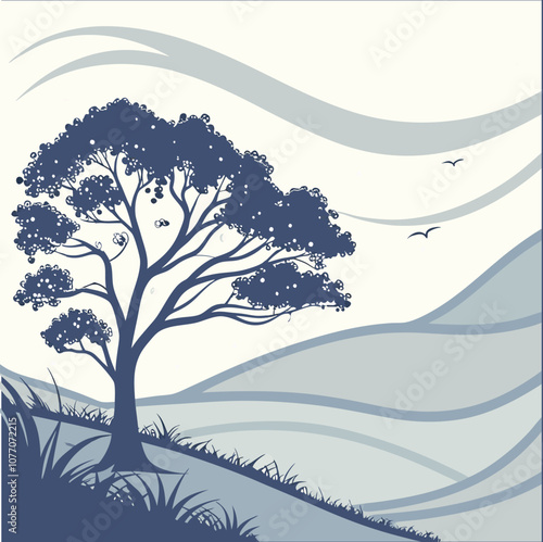 Vector illustration of a tree on a hillside with artistic flowing lines and abstract blue-toned hills in the background.
