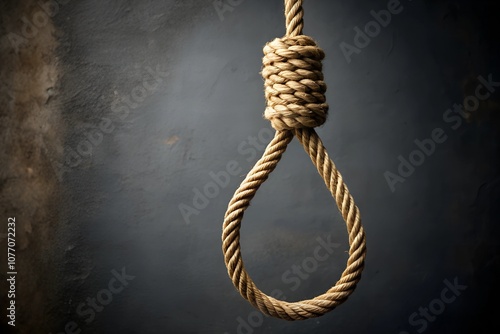 A simple rope noose hanging against a dark wall, emphasizing its texture and symbolic significance in a conceptual minimalist composition. photo