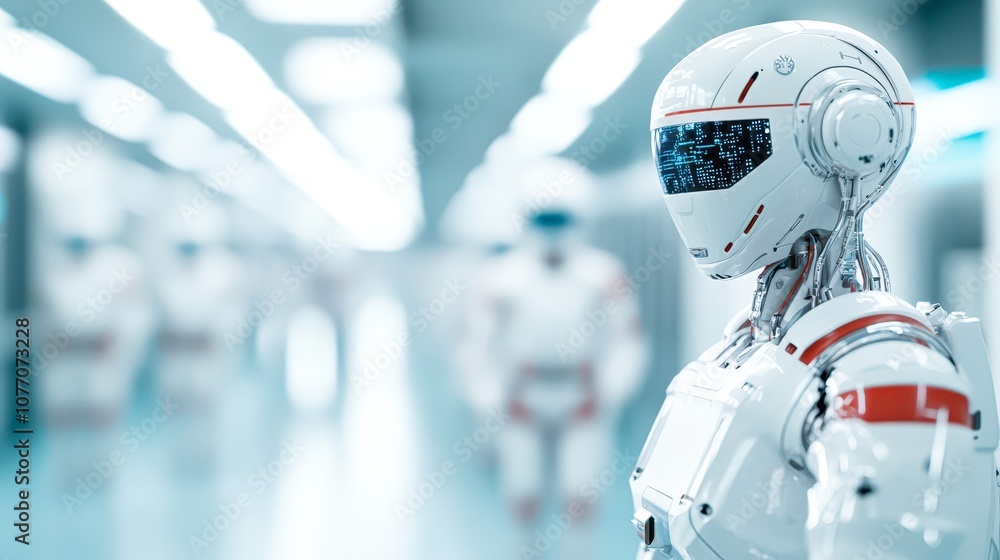 custom made wallpaper toronto digitalAdvanced humanoid robots with sleek designs stand within a futuristic corridor, showcasing innovation in technology, Ideal for concepts related to AI, robotics, or futuristic themes in marketing,