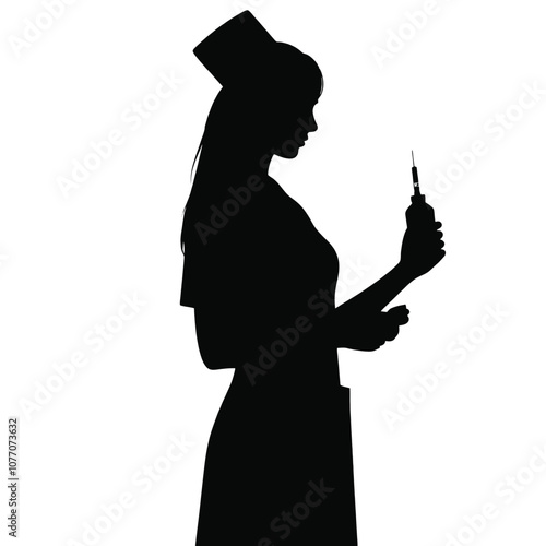 A silhouette of a nurse standing and holding a medicine bottle and an injection syringe