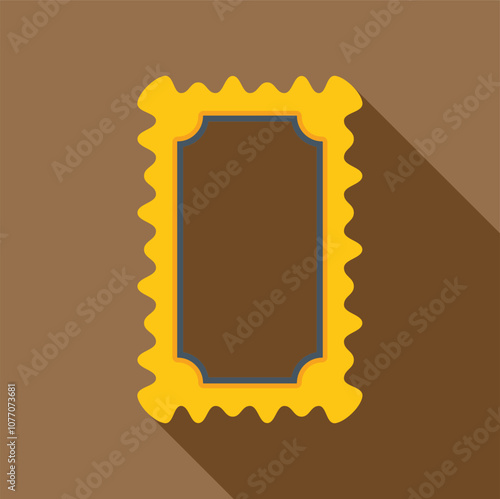 Rectangular postage stamp with wavy edges casting a long shadow on a brown background, offering copy space for design or text