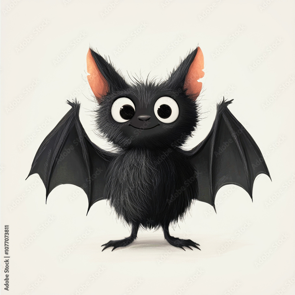 Fototapeta premium Cute cartoon black bat character smiling against a white background, ideal for children's design