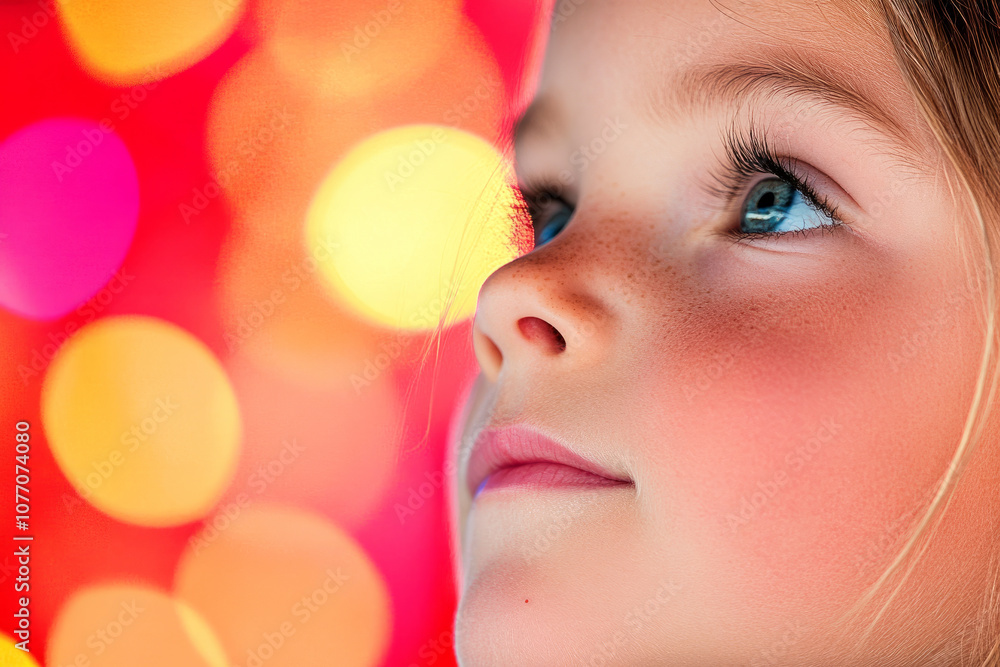 A young girl with blue eyes and a pinkish nose looking up at the camera A young girl with blue eyes and a pinkish nose looking up at the camera