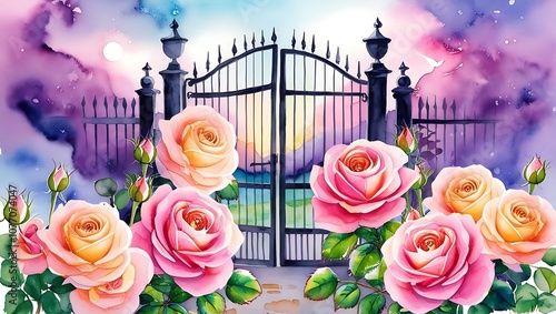 Watercolor Painting of Pink and Yellow Roses with a Black Gate and a Purple Sky