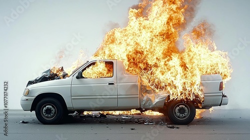 Fiery Truck Crash on Isolated White Background Highlighting Dramatic Wreckage and Destruction , isolated on white background,  , copy space, copy space for text, photo