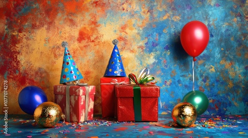 Abstract colorful party backdrop with glitter balls