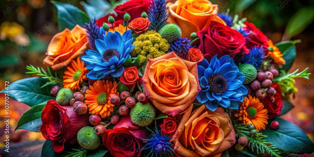 Naklejka premium Vibrant Floral Arrangement with Red, Orange, Blue, and Green Flowers, bouquet, flowers