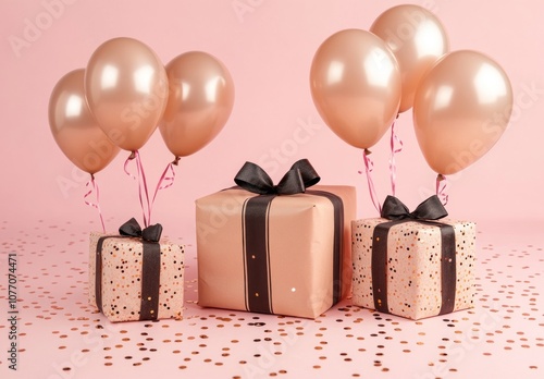 Rose gold balloons and gifts with black ribbon highlights photo