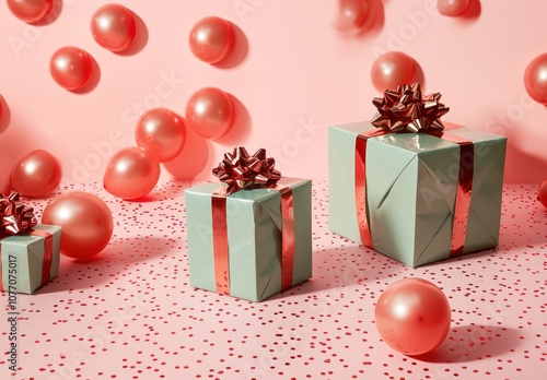 Sophisticated green presents with metallic red bows. photo