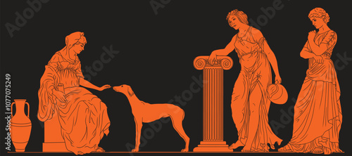 Three ancient Greek women in tunics are talking. A woman is playing with a dog. Figures isolated on black background