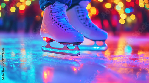 Elegant figure skates resting on a vibrant icy surface with colorful light reflections