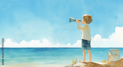 um menino na praia olhando para o mar com uma luneta - linda ilustração em aquarela infantil photo