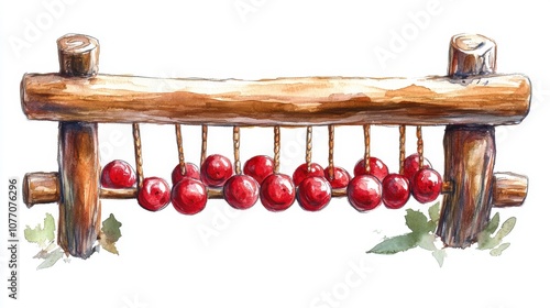 Wooden rack with red fruits hanging, white isolated background.