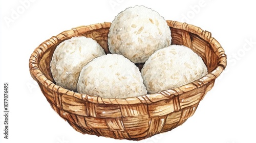 A basket filled with soft rice balls, showcasing a traditional food item.