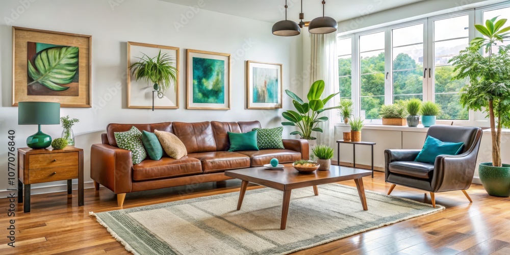 Fototapeta premium Modern Living Room with Leather Sofa, Green Accents, and Natural Light, Interior Design, Home Decor Interior Design, Home Decor