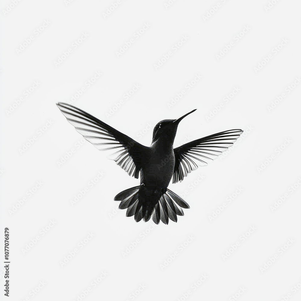Obraz premium Dynamic black silhouette of a hummingbird in flight against a white background