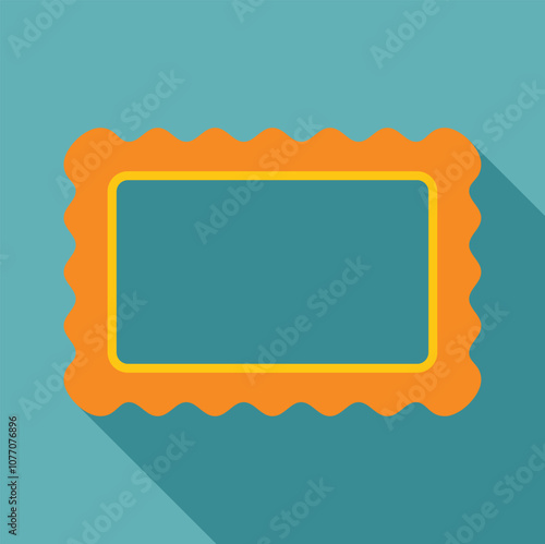 Rectangular orange postage stamp with yellow border and wavy edges casting a long shadow on a turquoise background