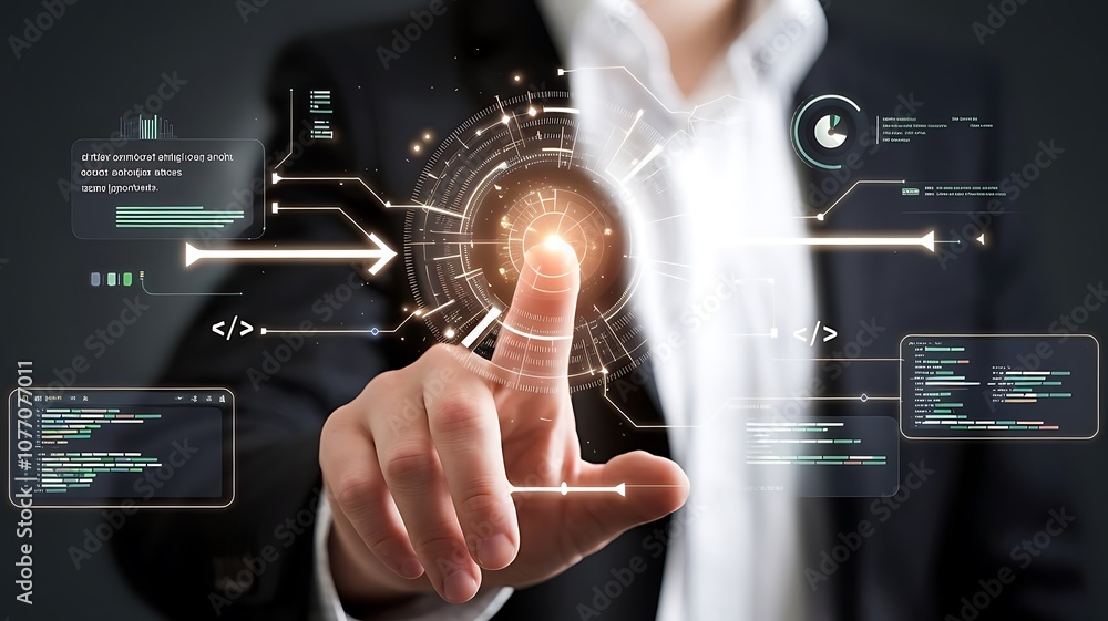 Obraz premium businessman pressing virtual button API, application programming interface. cloud computing concept, cloud technology, Saas, Paas, Iaas. AWS Services