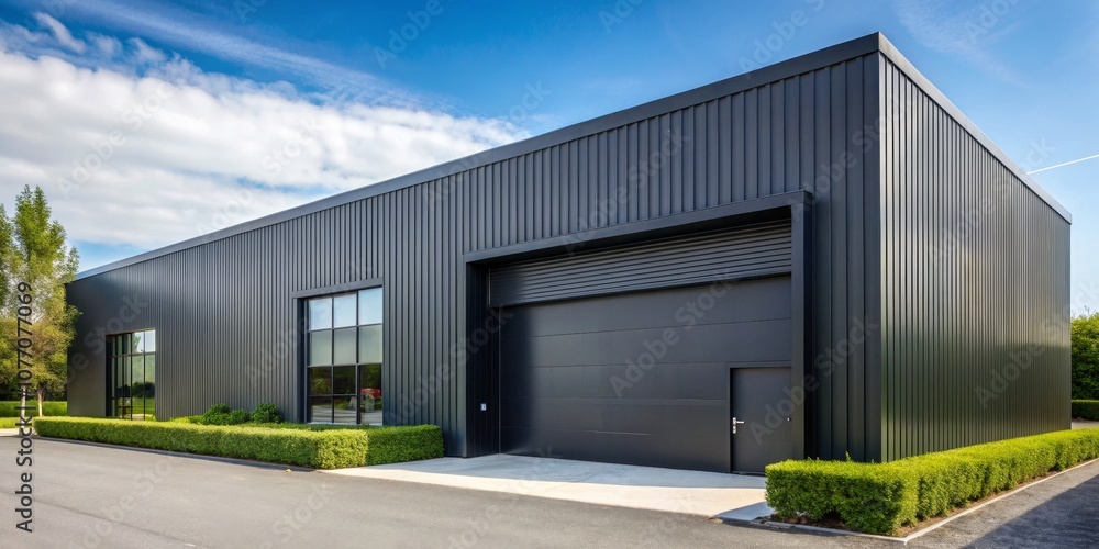 Fototapeta premium Modern Black Warehouse with Rolling Door and Green Hedges, industrial architecture, warehouse design