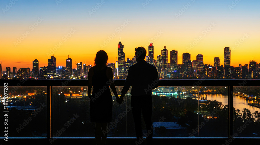 Obraz premium A couple enjoys a sunset view of the city skyline while holding hands from a high vantage point