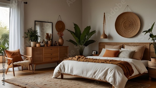 A bedroom filled with natural textures like rattan, macramé, and wooden furniture. Decor includes warm, earthy tones, patterned textiles, and lots of indoor plants, creating a cozy, eclectic vibe.