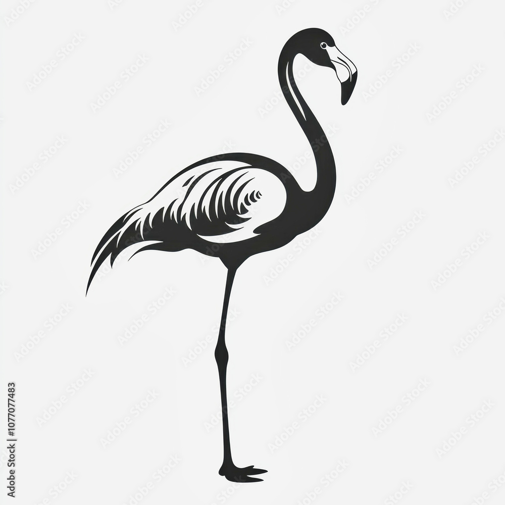 Obraz premium Elegant silhouette of a flamingo standing on one leg against a white background