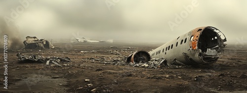 Crashed aircraft remnants strewn across barren landscape, gray clouds loom overhead, evoking a sense of desolation and abandonment photo