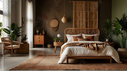 A bedroom filled with natural textures like rattan, macramé, and wooden furniture. Decor includes warm, earthy tones, patterned textiles, and lots of indoor plants, creating a cozy, eclectic vibe.