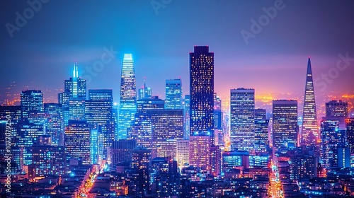 Wallpaper Mural Night view of a city skyline with skyscrapers illuminated with bright lights. Torontodigital.ca