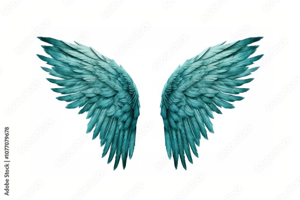 Obraz premium Teal feather angel wings turquoise bird white background.