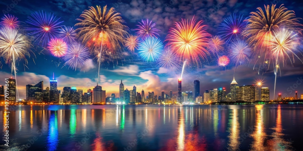 Fototapeta premium City Skyline Fireworks Reflection, cityscape, night sky
