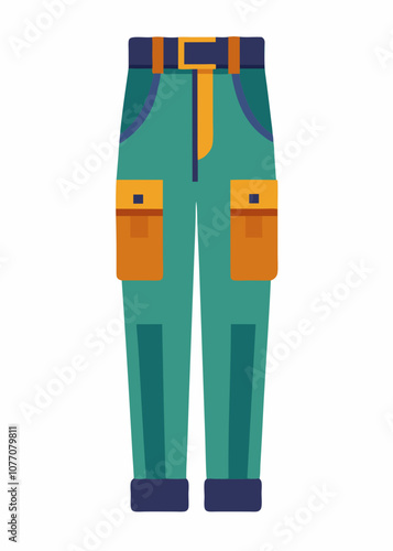 Cargo pants, trousers with side patch pockets. Legs wearing, garment. Loose casual clothes, modern unisex apparel. Flat vector illustration isolated on white background
