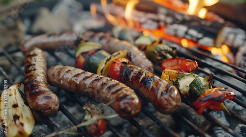 A close-up of a campfire grill with sizzling sausages and vegetables.
