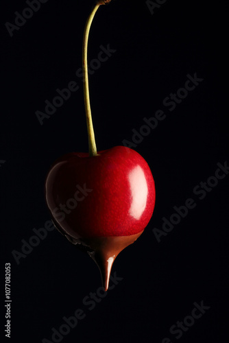 Cerise au chocolat, fond studio noir. photo