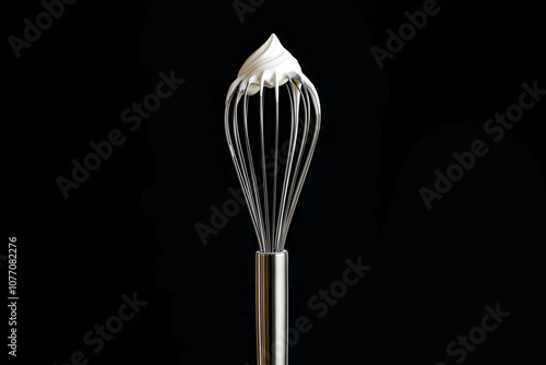 Stainless steel whisk with whipped cream on black background